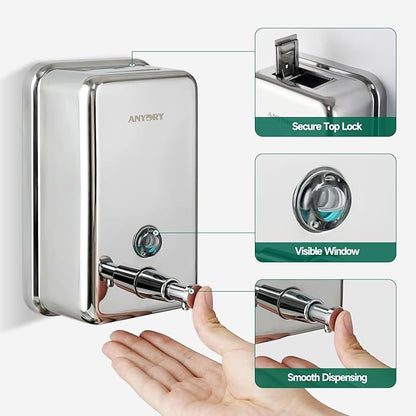 anydry Commercial Manual Soap Dispenser, Durable Polished Stainless Steel Finish, 37oz (1100ml) Liquid, Wall-Mounted for Bathroom & Kitchen