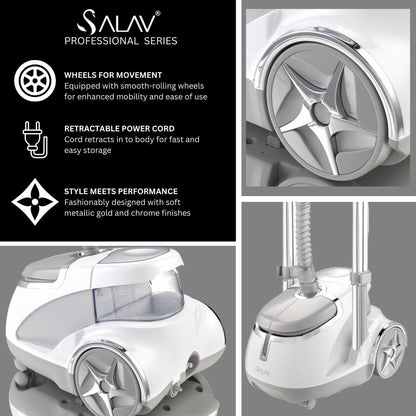 SALAV GS45-DJ Professional Upright Garment Steamer with Roll Wheels, Multi-Function Extra Wide Hanger, Fabric Brush & Mini Ironing Paddle, 1500 watts, Silver