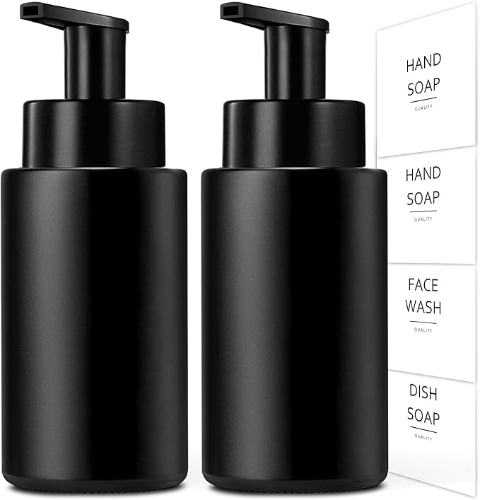 RYTOXILO Matte Black Foaming Hand Soap Dispenser, 10 oz/300ml Glass Foam Dispenser, 2 Pcs Foaming Soap Dispenser for Bathroom, Black Refillable Pump with Waterproof Labels