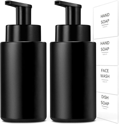 RYTOXILO Matte Black Foaming Hand Soap Dispenser, 10 oz/300ml Glass Foam Dispenser, 2 Pcs Foaming Soap Dispenser for Bathroom, Black Refillable Pump with Waterproof Labels