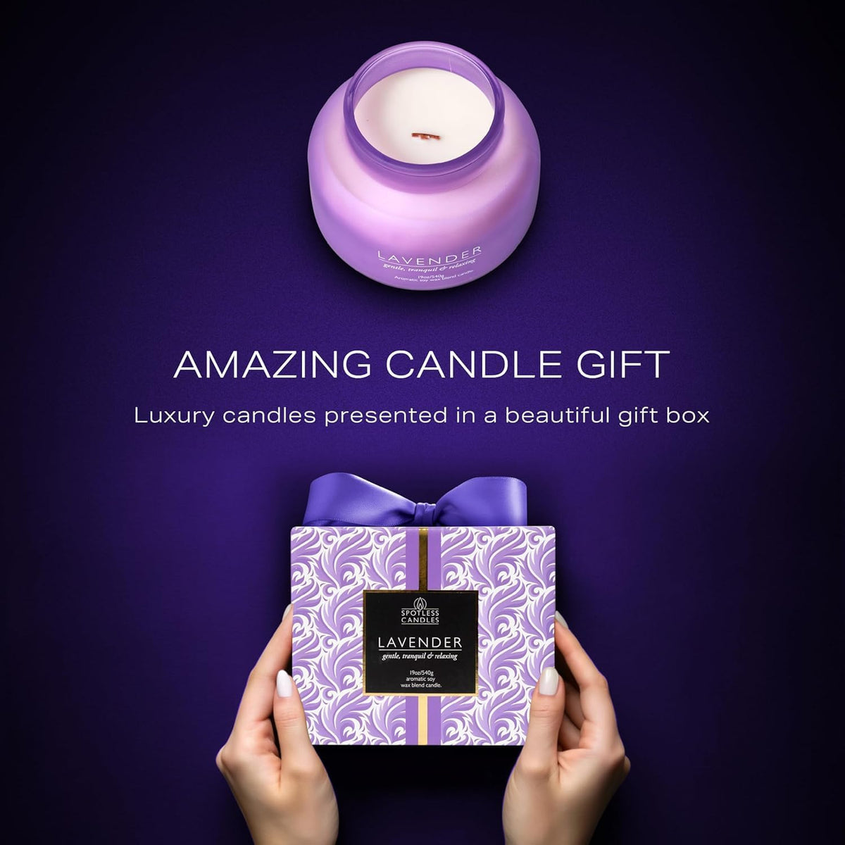 Lavender Candle 19oz Volcano Jar with Wooden Wick Upto 75 Hours Burn Time in a Large 4" x 5" Solid Purple Glass Jar in a Luxury Gold Foil Gift Box
