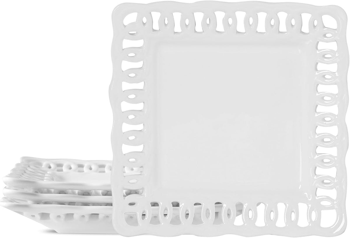 Square Appetizer Plate, Set of 4, 8 inch Ceramic White Dinner Plates with Lace Rim