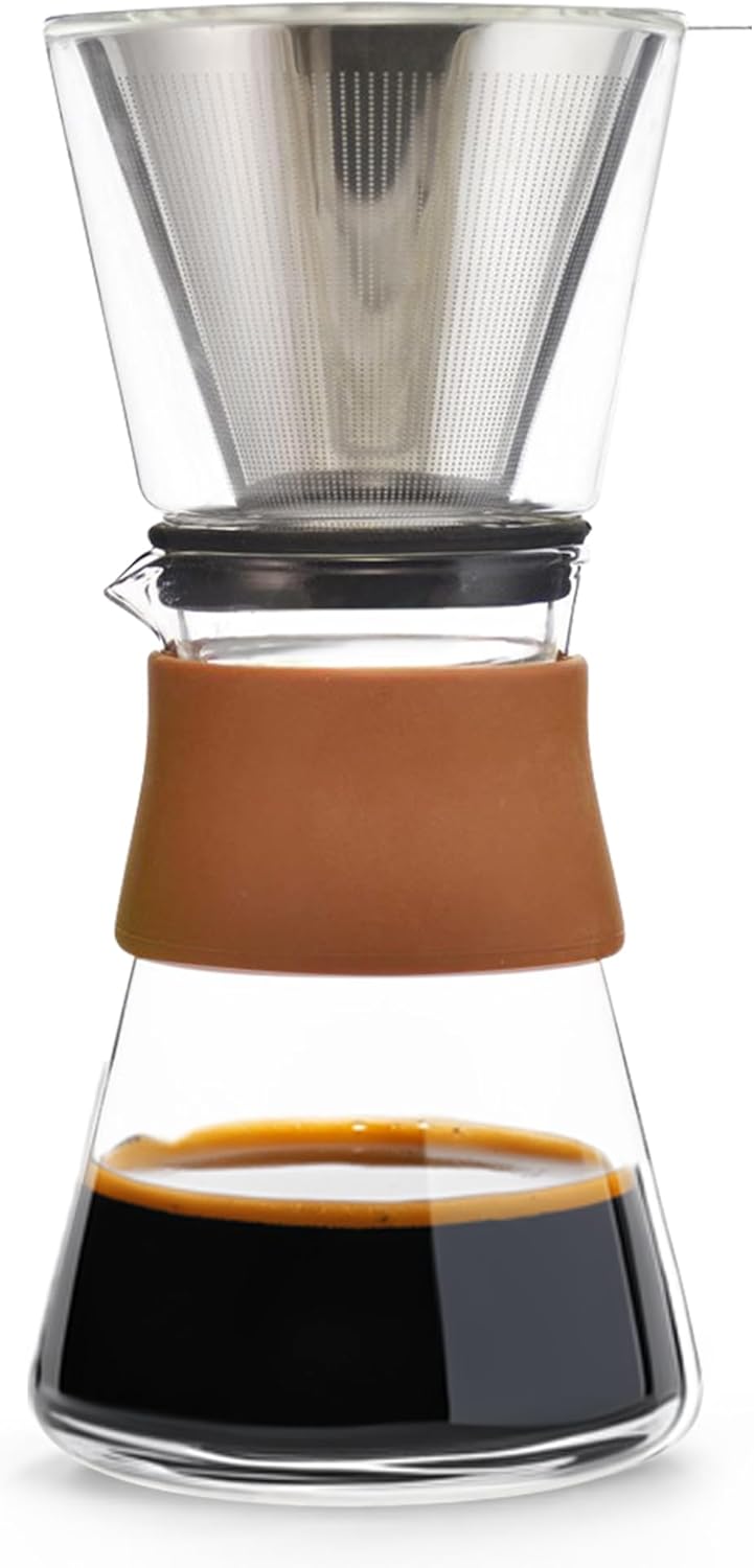 Grosche Amsterdam Glass Pour Over Coffee Maker - Single Cup Manual Dripper Brewer w/Removable Glass Top & Permanent Stainless Steel Filter