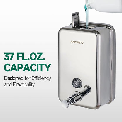 anydry Commercial Manual Soap Dispenser, Durable Polished Stainless Steel Finish, 37oz (1100ml) Liquid, Wall-Mounted for Bathroom & Kitchen