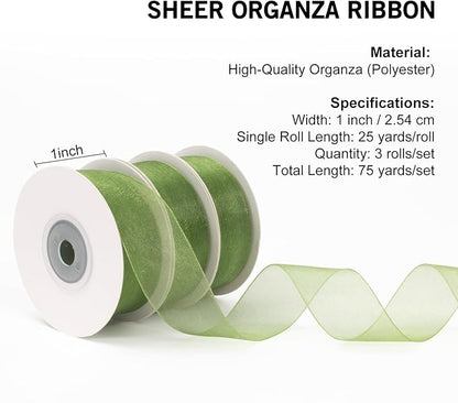 Sage Green Organza Ribbon - 1 Inch x 75 Yds, Light Green, Clear, Chiffon, Tulle for Gift Wrapping, Christmas, Wedding, Invitations, Wreaths, Bows, Crafts