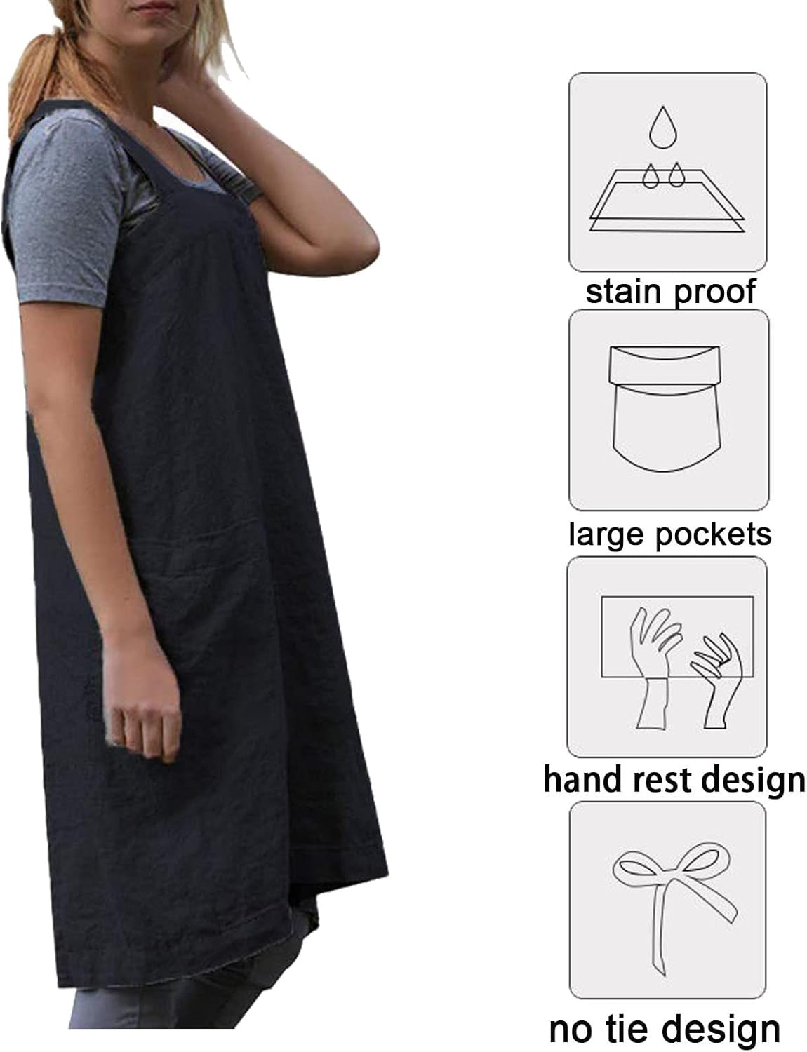 ZQFFB Pinafore Cross Back Apron for Women with Pockets Japanese Smock for Work Gardening Cooking Painting Baking