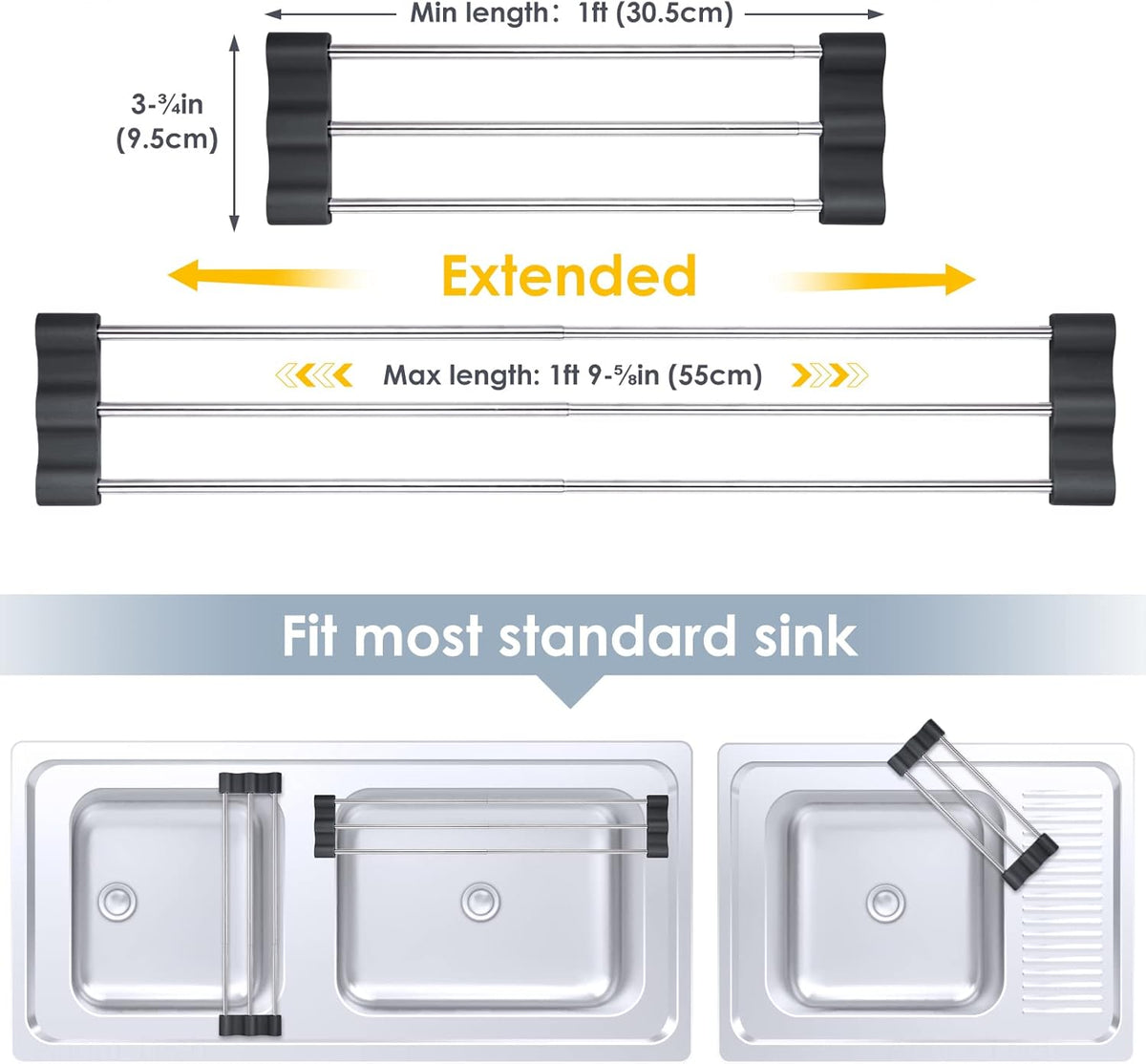 Tomorotec Adjustable Over-The-Sink Kitchen Rack for Dishcloths, Sponges, Bottles and Brushes - Heat-Resistant Stainless Steel with Slim, Expandable Design and Multifunctional Silicone Holder