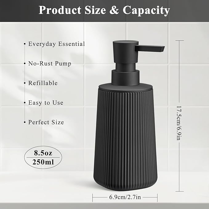 Black 2 Pack Hand Soap Dispensers Set with No Rust Pump for Bathroom and Kitchen Countertops Refillable Matte Striped Plastic 8.5 oz