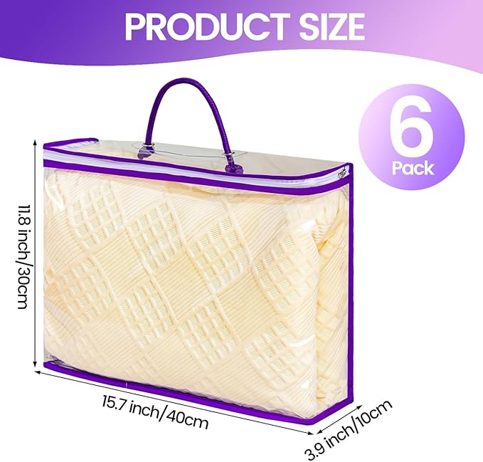 6 Pcs Storage Organizer Bags for Clothes, Clear Zippered Storage Bags for Sweater Blanket Bed Sheet Storage, Plastic Storage Bags with Zipper for Closet Linen Sweater Blanket (Purple)