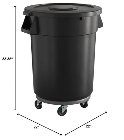 32 Gallon Black Round Commercial Trash Can with Lid and Dolly