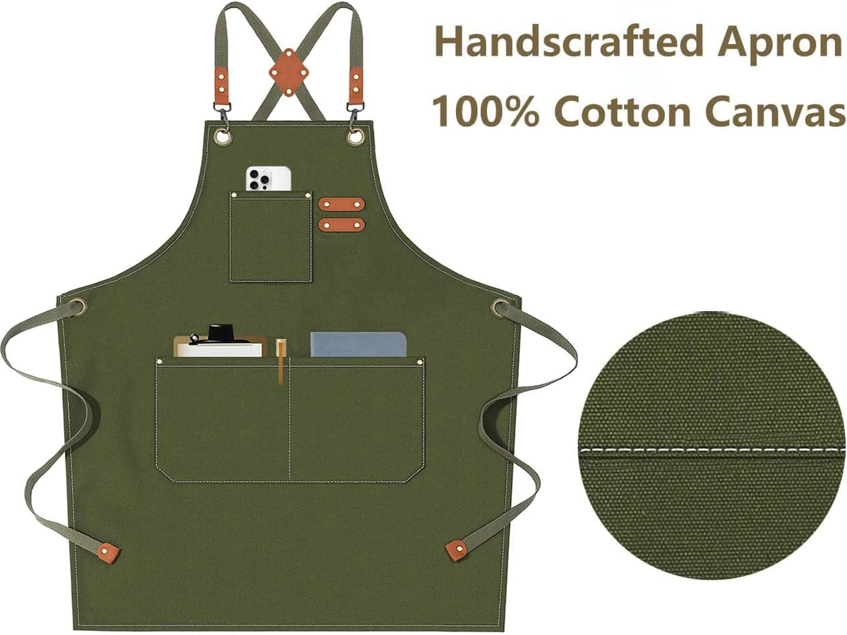 Afun Chef Aprons for Men Women with Large Pockets, Cotton Canvas Cross Back Heavy Duty Adjustable Work Apron, Size M to XXL (Armygreen)