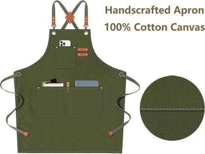 Afun Chef Aprons for Men Women with Large Pockets, Cotton Canvas Cross Back Heavy Duty Adjustable Work Apron, Size M to XXL (Armygreen)