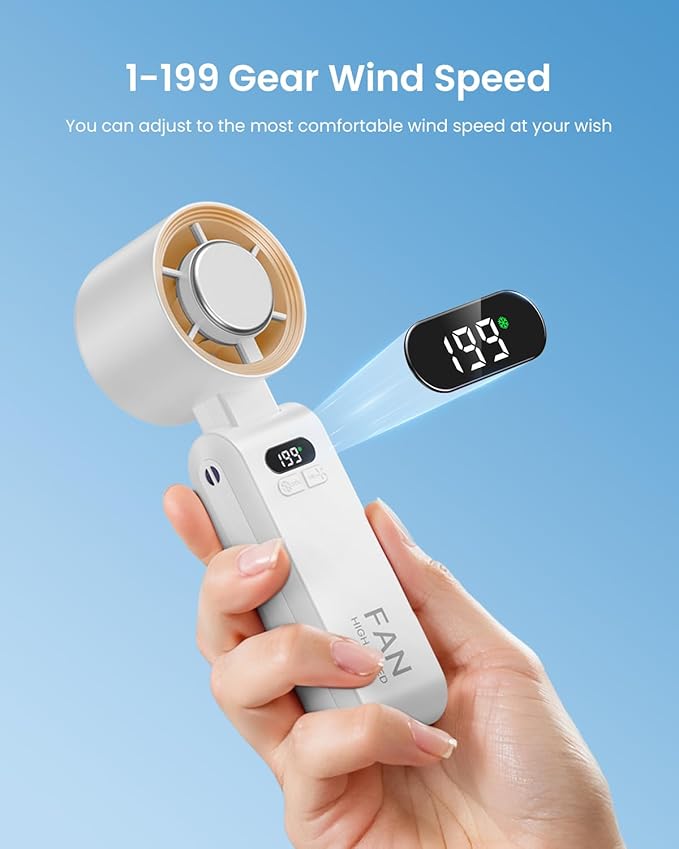 2 Pack Handheld Portable Turbo Fan with Ice Cooler, Speed (1-199) 5500mAh*2 Rechargeable Personal Fan,[20H Cooling Time] Mini Yet Powerful, Small Pocket Fans for Travel/Outdoor/Office, White