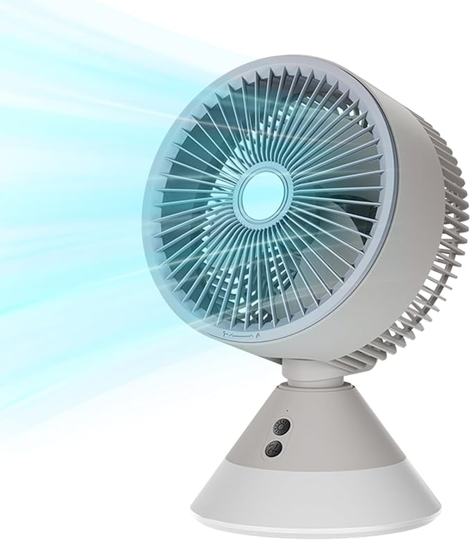 Portable Desk Fan Rechargeable, 4000mAh Battery Operated, 3 Speeds Air Circulator Fan with LED Light, 90° Vertical and 90° Oscillating for Home Office