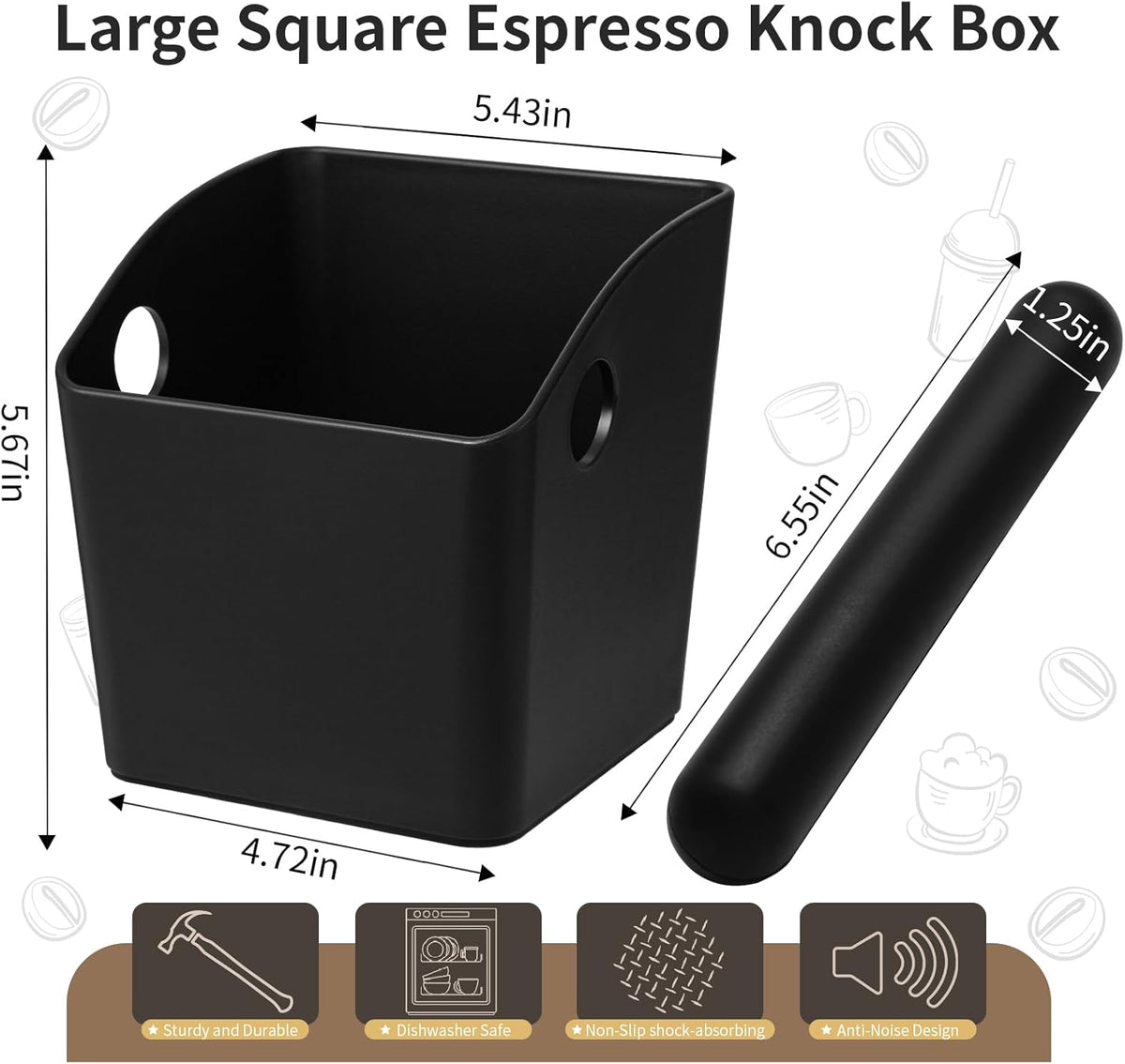 Large Square Knock Box Shock-absorbent Knock Box Espresso with Removable Knock Bar and Non-Slip Base Espresso Accessories for Home/Office (Large
