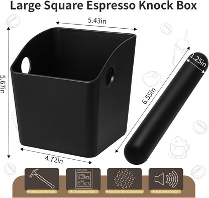 Large Square Knock Box Shock-absorbent Knock Box Espresso with Removable Knock Bar and Non-Slip Base Espresso Accessories for Home/Office (Large