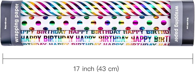 WRAPAHOLIC Birthday Wrapping Paper Roll - Mini Roll - 3 Rolls - 17 inch x 120 inch Per roll - Colorful Foil Birthday Design for Party, Holiday, Baby Shower