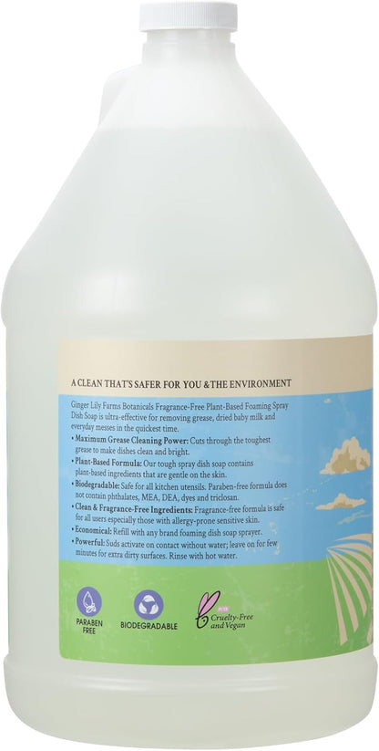 Ginger Lily Farms Botanicals Plant-Based Foaming Spray Dish Soap, Concentrated Formula with Max Grease Cleaning Power, Cruelty-Free, Fragrance-Free, 1 Gallon Refill (128 Fl Oz)