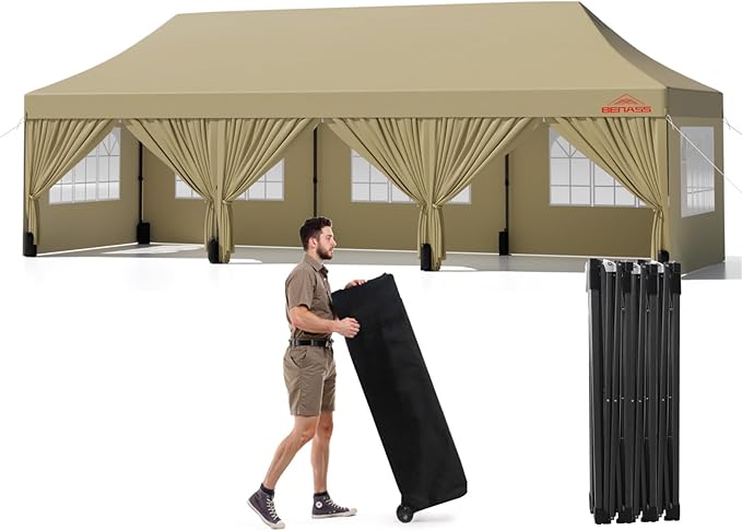 10x30 Heavy Duty Pop Up Canopy with 8 Sidewalls, 550D Commercial Easy Up Canopy Tent, Waterproof Outdoor Party Event Tent with Roller Bag, Khaki