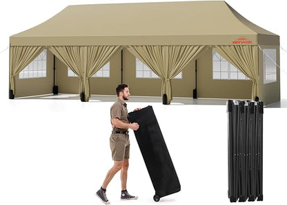 10x30 Heavy Duty Pop Up Canopy with 8 Sidewalls, 550D Commercial Easy Up Canopy Tent, Waterproof Outdoor Party Event Tent with Roller Bag, Khaki