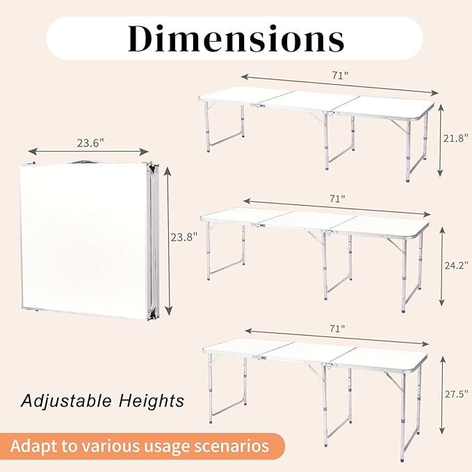 LeTinn 6FT Large Folding Camping Table, 3 Adjustable Heights Portable Aluminum Picnic Table – Heavy Duty Outdoor BBQ Table for 6-8 Person, White