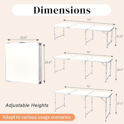 LeTinn 6FT Large Folding Camping Table, 3 Adjustable Heights Portable Aluminum Picnic Table – Heavy Duty Outdoor BBQ Table for 6-8 Person, White