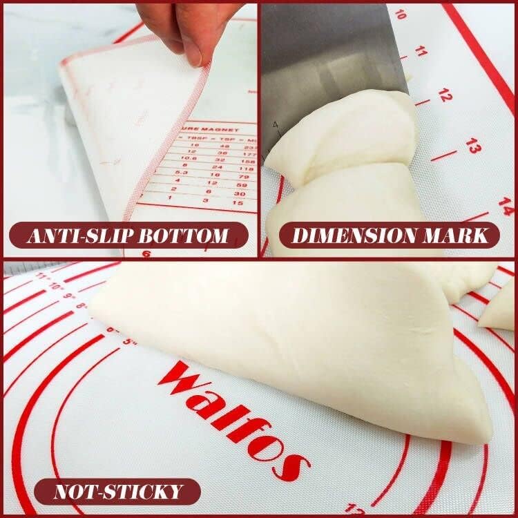 Walfos French Rolling Pin and Silicone Baking Mat Set, Non-Stick Beech Wood Rolling Pin 15.7 Inch and Pastry Mat for Best Pie Crust, Cookie