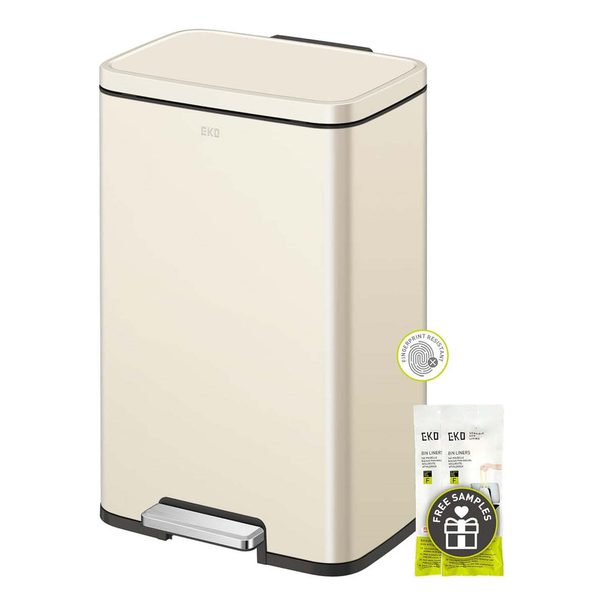 EKO Madison Vanilla Stainless Steel 50 Liter/13.2 Gallon Step Trash Can with Inner Liner - Fingerprint Resistant Finish