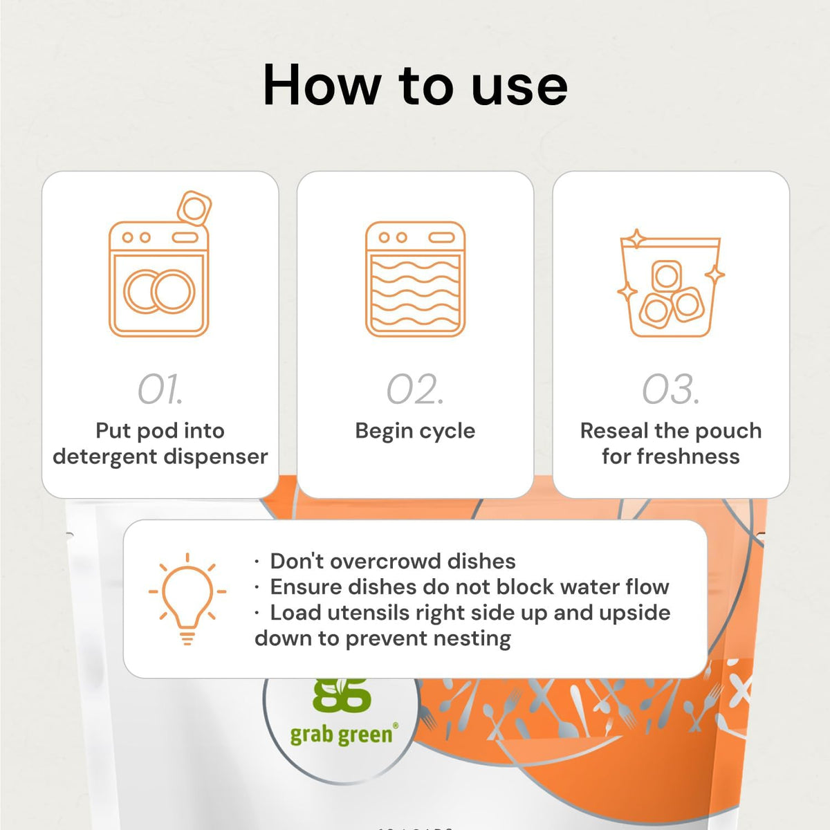 Grab Green Automatic Dishwashing Detergent Pods, 12 Count, Tangerine Lemongrass Scent, Plant and Mineral Based, Superior Cleaning, Powerful Grease Removal, Brilliant Shine