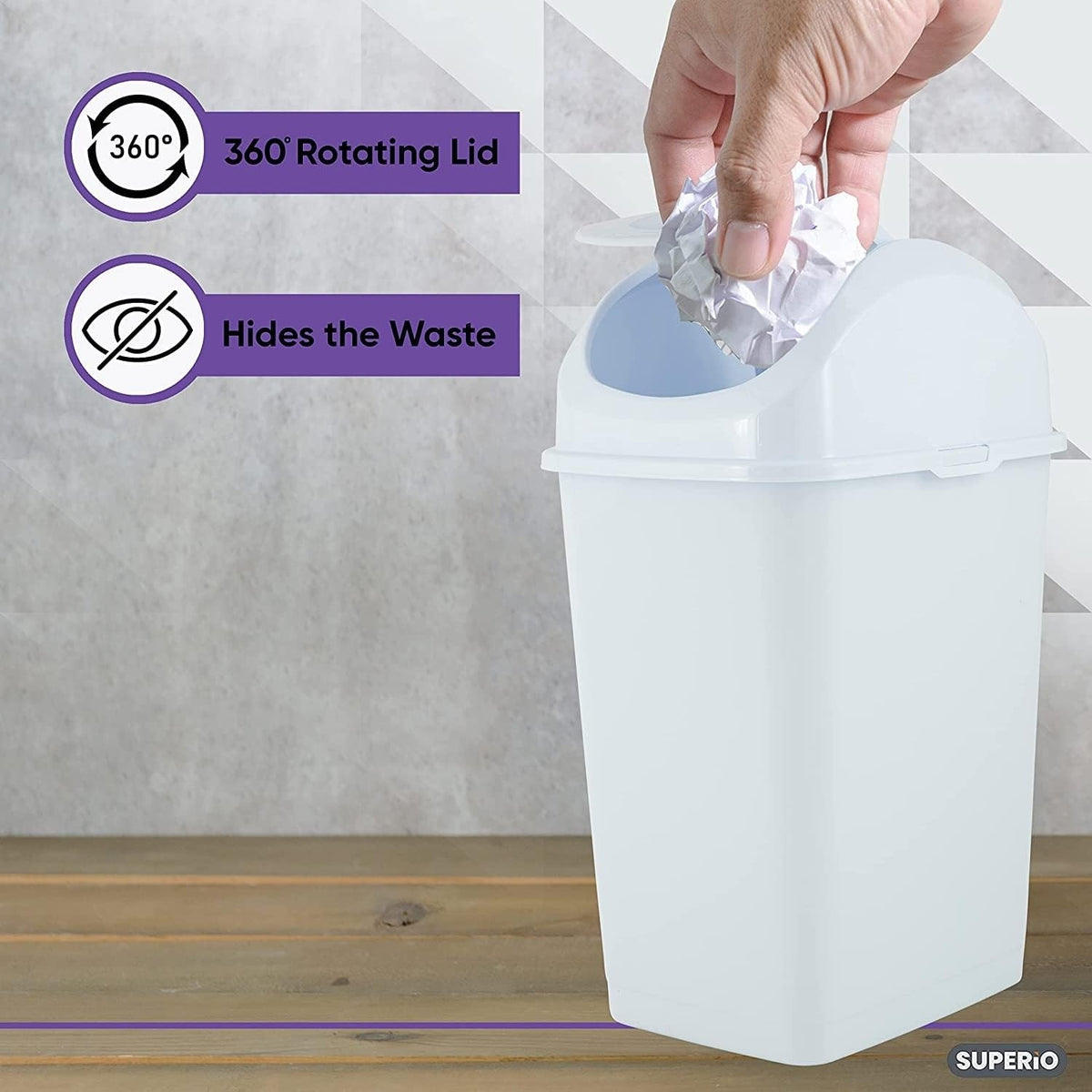 Superio Mini Desktop Trash Can with Swing Top Lid Portable Plastic Garbage Can for Countertop, Desktop, Make up Vanity, Bathroom, Car, Under Sink, Dorm, Compact Waste Bin 5 L, 1.25 Gal. (White)