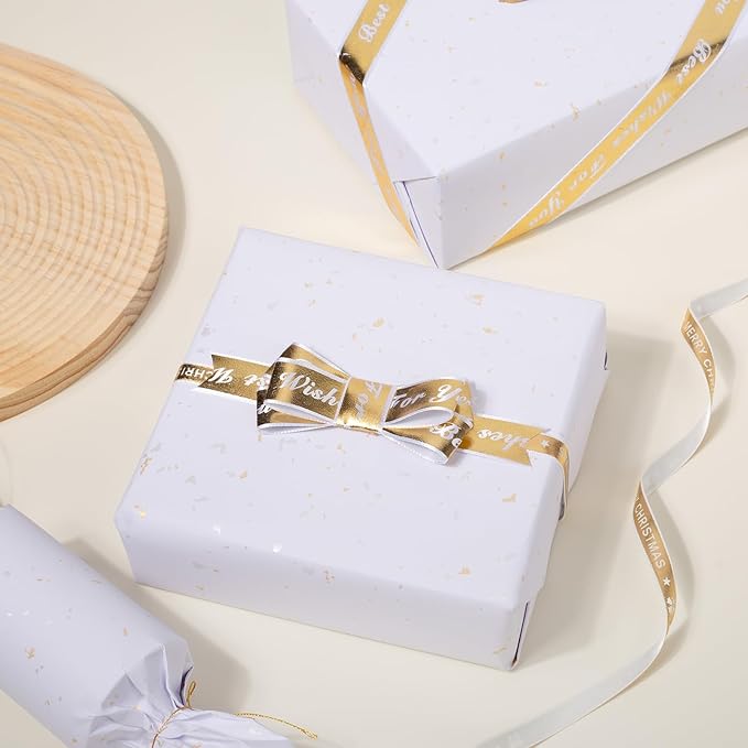 MAYPLUSS Thick Wrapping Paper Roll - 17Inch x 16.5Feet - Romantic Gold Shiny Flakes on Matte White Heavy Gift Wrap Paper with Silky Touch for Wedding, Birthday, Holiday, Christmas