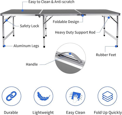 Moosinily Camping Table 6FT Folding Table Large 3 Adjustable Height Portable Picnic Table Camp Aluminum Outdoor Picnic BBQ Black