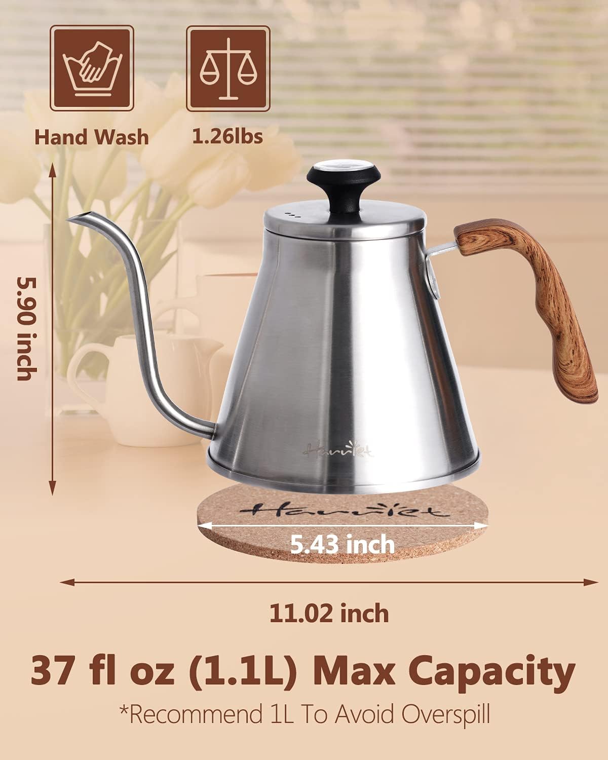 Harriet Gooseneck Kettle with Thermometer for Pour Over Coffee and Tea, 37 fl oz, Stainless Steel, Durable 3-Layer Base