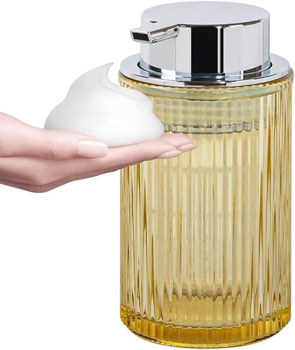 Foaming Soap Dispenser, 12 Oz Amber Glass Foam Hand Soap Dispenser, Refillable Glass Foam Pump Bottle Container Decorative Slim Ribbed Bottle for Bathroom and Kitchen