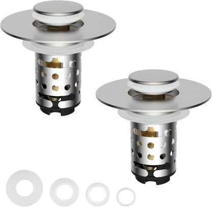 Universal Bathroom Sink Stopper Hair Catcher Upgraded with 2-Layer Detachable Filter Basket, 2PCS 4 in 1 Pop Up Drain Strainer, Anti-Clog, Odor-Block, Fit for 1.1''~2.36'' Sinks, Brushed Nickel