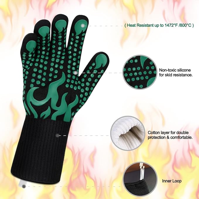 Comsmart BBQ Gloves, 1472°F Heat Resistant Grilling Gloves Silicone Non-Slip Oven Gloves Long Kitchen Gloves for Barbecue, Cooking, Baking, Short, Green