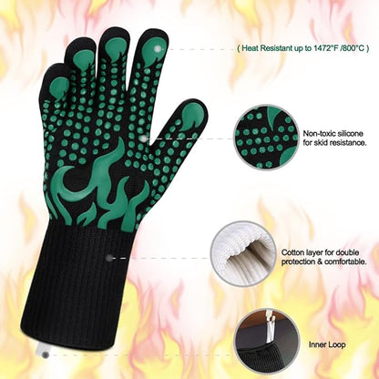 Comsmart BBQ Gloves, 1472°F Heat Resistant Grilling Gloves Silicone Non-Slip Oven Gloves Long Kitchen Gloves for Barbecue, Cooking, Baking, Short, Green