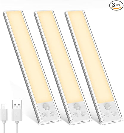 3 Pack Under Cabinet Lights, 32 LED Warm White Rechargeable Under Cabinet Lighting Motion Sensor LED Lights for Kitchen, Counter, Closet, Stairs (Silver - Warm White Light, 8.07 Inch - 3 Pack)