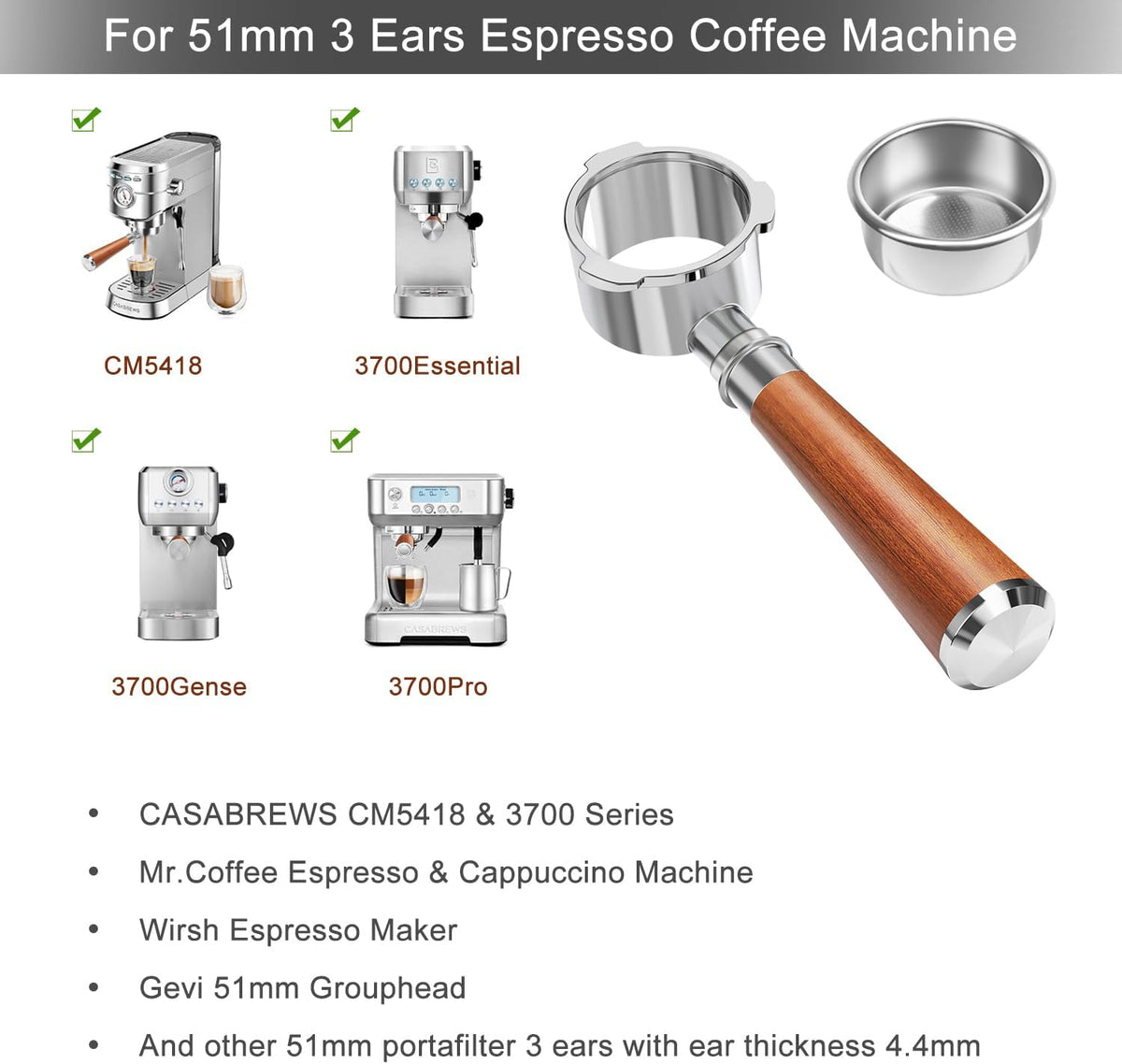 51mm Bottomless Portafilter 3 Ears Fits for Casabrews CM5418, 3700Essential, 3700Gense, 3700Pro, Gevi 51mm 3 Ears Grouphead, Mr