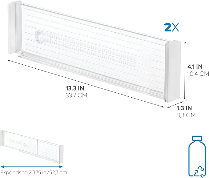 iDesign Plastic Adjustable Deep Drawer Divider, Kitchen, Dresser, Desk, Bathroom and More, The Linus Collection – Set of 2, Expandable 13.25” – 20.75”, Clear