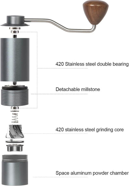 Manual Coffee Grinder - Precision CNC Stainless Steel Burr Grinder with Adjustable Settings, Grey Blue, Double Bearings for Smooth Grinding - Ideal for Home, Office, and Camping Espresso Enthusiasts