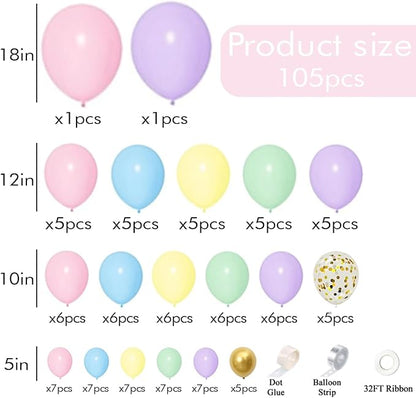 105pcs Pastel Balloons Arch Garland Kit 5" 10" 12" 18 inch Macaron Color Pastel Balloon Different Sizes and Gold Confetti Balloon Set for Easter Wedding Birthday Baby Shower Party Decorations