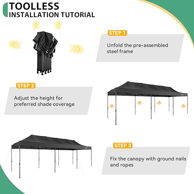 COBIZI 10x30 Heavy Duty Pop Up Canopy Tent with 8 Sidewalls Thicken Frame, Commercial Easy Up Outdoor Wedding Party Tents, All Season Waterproof Windproof with Stakes Sandbags Ropes Roller Bag, Black