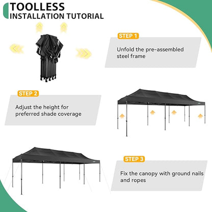 COBIZI 10x30 Heavy Duty Pop Up Canopy Tent with 8 Sidewalls Thicken Frame, Commercial Easy Up Outdoor Wedding Party Tents, All Season Waterproof Windproof with Stakes Sandbags Ropes Roller Bag, Black