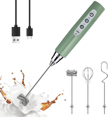 Yuswko Granite Green Handheld Milk Frother Wand for Coffee, Rechargeable Electric Whisk with 3 Heads 3 Speeds Drink Mixer Coffee Frother For Latte