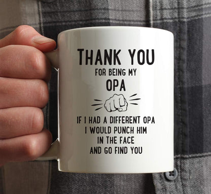 Andaz Press Funny Family 11oz. Coffee Mug Gift, Thank You for Being My Opa, Punch in Face, 1-Pack, Christmas Birthday Drinking Cup Present Ideas