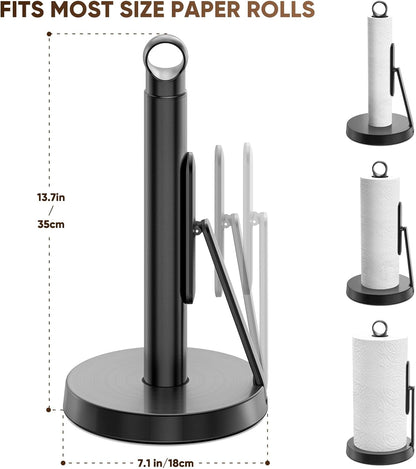 theaoo Heavy-Duty Stainless Steel Paper Towel Holder with Tension Arm – Easy One-Handed Tear, Modern Standing Countertop Dispenser for Kitchen, Holds All Paper Towel Rolls (1, Black)