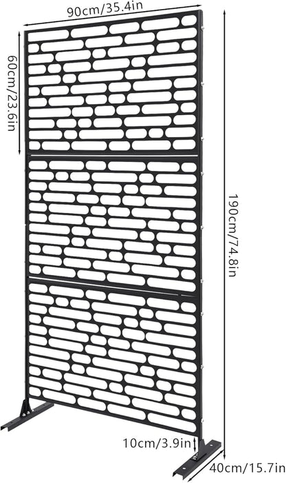 75" H×35" W Decorative Outdoor Privacy Screen with Stand, Outdoor Decor Privacy Fence Screen Metal Fence Panels, Free Standing Metal Divider for Patio Lawn Deck (Black-Oval)