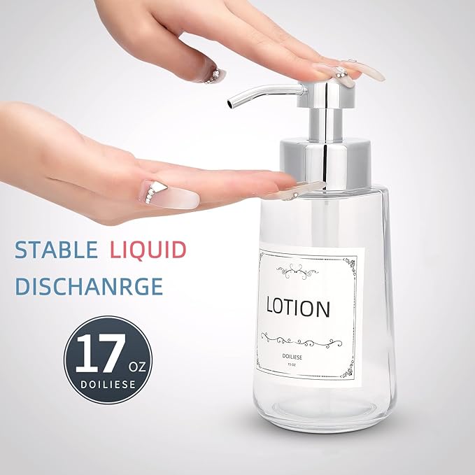 Soap Dispenser, Clear Glass Soap Dispenser with Rust Proof Pump, 16oz Liquid Soap Pump with Waterproof Labels, Dish & Hand Soap for Bathroom, Kitchen, Chrome Pump, Pack of 2