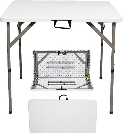 Outvita Plastics Folding Table Height Adjustable Indoor Outdoor Square Picnic Table with Carry Handle, Lock for Camping, Party, Picnic, BBQ White